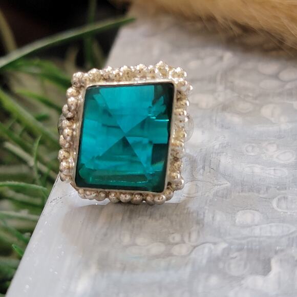 Teal Stone Statement rings, Sterling Silver Ring 0.72 Inch Stone, Size 8.75 - Picture 10 of 10